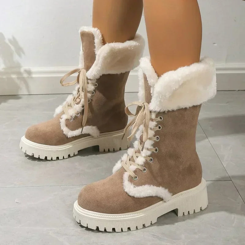 Botas de nieve gruesas de felpa para mujer, botines con plataforma de piel sintética para invierno, botas de nieve con cordones a media pantorrilla, zapatos de algodón grueso