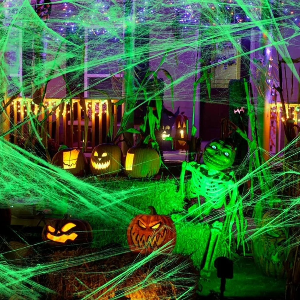 Decoración de Halloween con telarañas que brillan en la oscuridad, telarañas de algodón elásticas con arañas de imitación, decoración reutilizable para crear un ambiente de fiesta en una casa encantada.