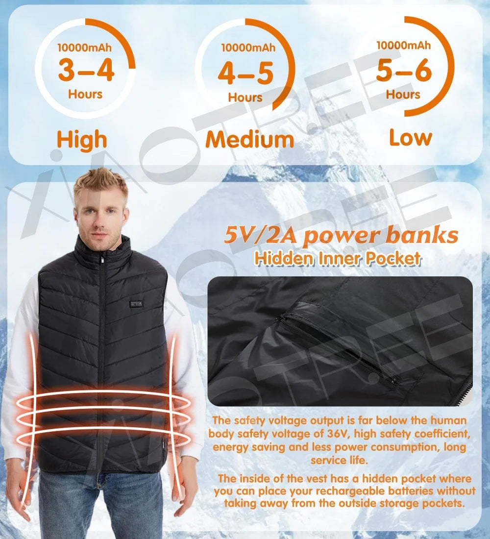 Chaleco calefactable de 28/9 áreas para hombre, chaqueta calefactable de invierno para mujer, calentador USB eléctrico, chaqueta de Camping, chaleco térmico para hombre, abrigo calentador corporal 6XL