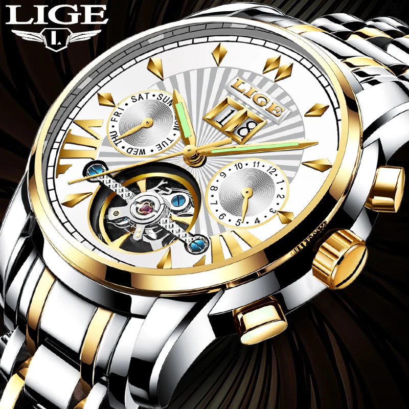 Reloj de pulsera mecánico automático LIGE 2026 para hombre, reloj de lujo de marca superior con tourbillon, reloj de moda para hombre, resistente al agua para negocios