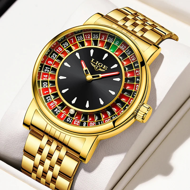 LIGE Casino Roulette Dial Men Watch Retro Brown Leather Strap Waterproof Quartz Watches for Men Business Casual Wrist Gift Watch