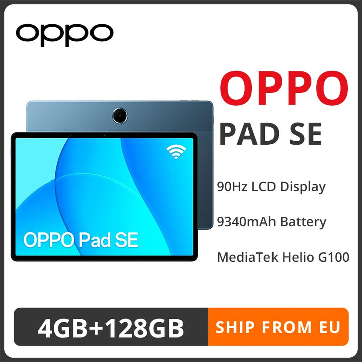 Versión global de la tableta OPPO Pad SE, 4 GB de RAM, 128 GB de almacenamiento, pantalla LCD de 90 Hz, procesador MediaTek Helio G100, resolución de 1920x1200, batería de 9340 mAh, reconocimiento facial.