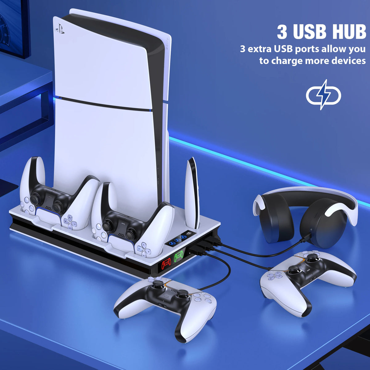 DinoFire S5000 3 Speed Cooling Fan3 Port USB Hub, Headset Holder, and Game Storage, Compatible with PS5 Disc & Digital Consoles