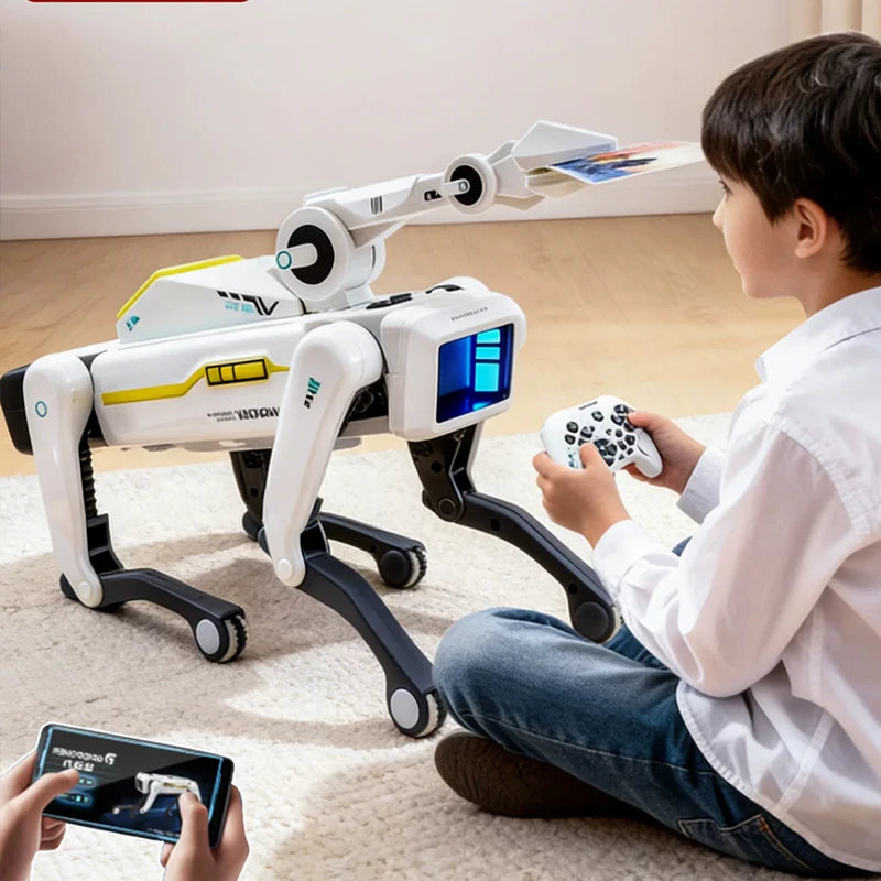 Perro robot RC blanco con pantalla azul y patas negras; niño lo controla con mando