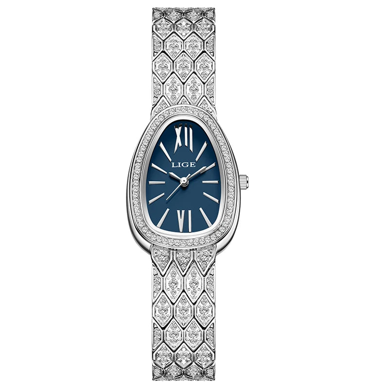 Relojes para mujer LIGE, reloj de pulsera de lujo a la moda, con esfera ovalada incrustada de diamantes y números romanos, reloj de cuarzo para mujer