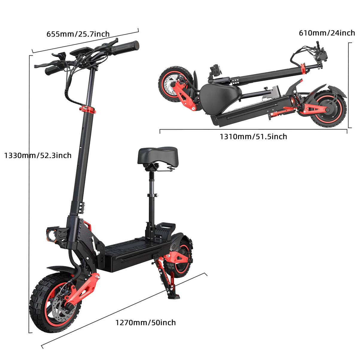 Patinete eléctrico con medidas, vista técnica del chasis negro y detalles rojos