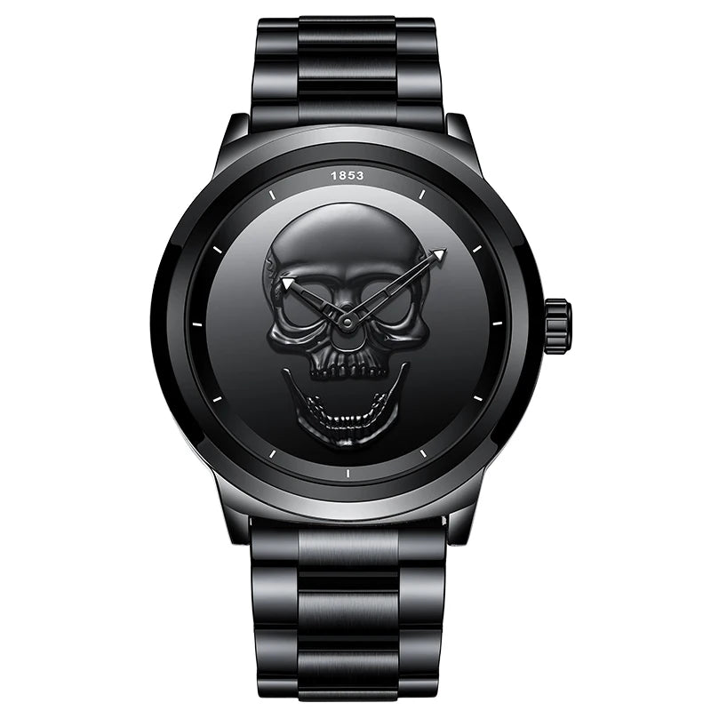 Reloj de cuarzo LIGE de marca de lujo para hombre, diseño creativo de calavera 3D esqueleto, acero inoxidable, deportivo, informal, resistente al agua + caja