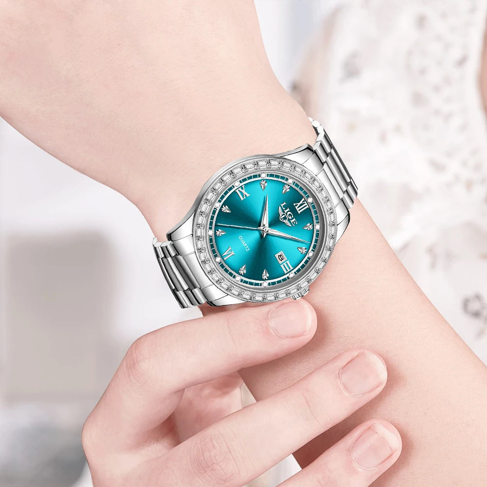 LIGE Original Quartz Watch for Women Diamond Dial Stainless Steel Waterproof Luminous Elegant Women's Wristwatches Reloj Mujer