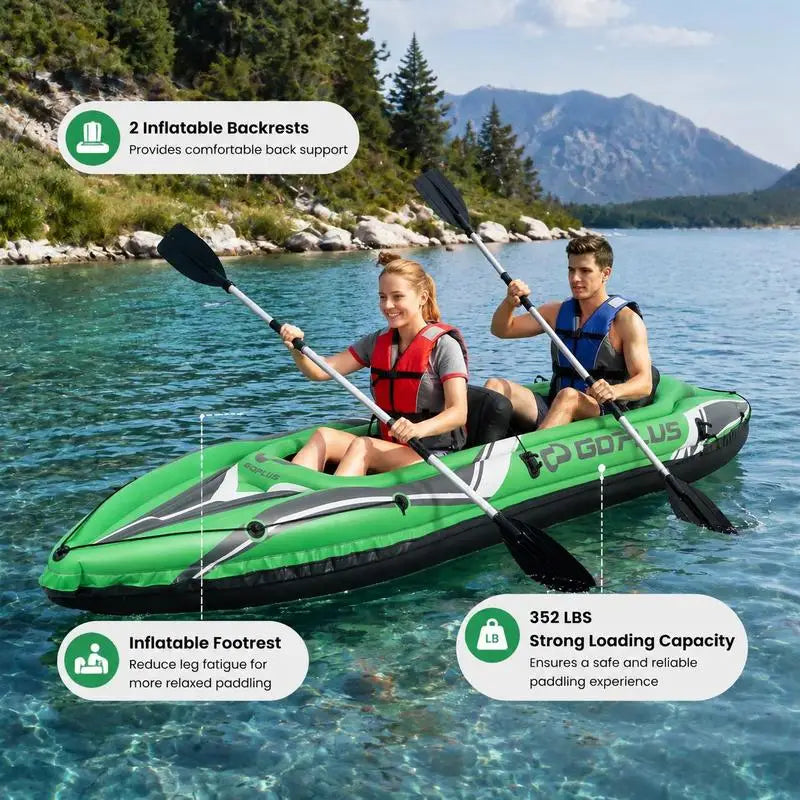 Kayak Inflable de 11.5 Pies para 2 Personas, Resistente, con Palas de Aluminio - Verde