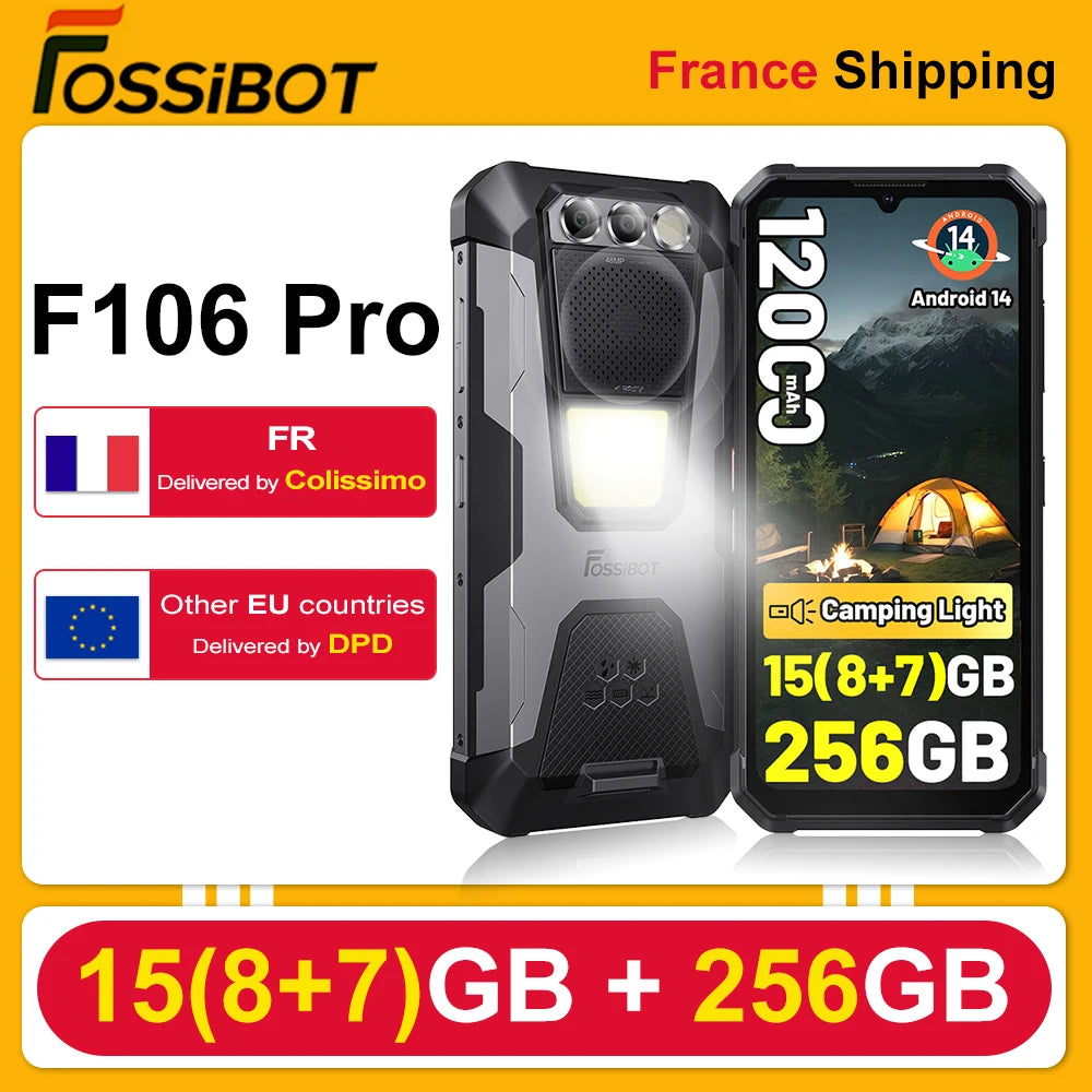 Smartphone robusto FOSSiBOT F106 Pro, 15 (8 + 7) GB RAM, 256 GB ROM, 12000 mAh, 6,58", 48 MP, Helio G85, Android 14, teléfono Dual SIM 4G