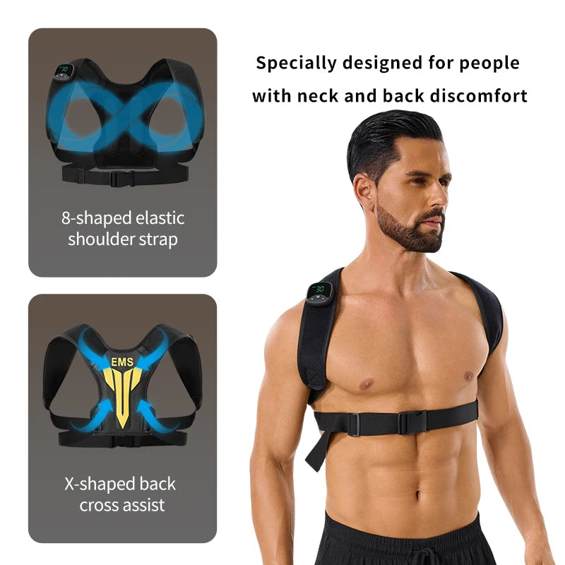 Estimulador muscular eléctrico EMS, masajeador para aliviar el estrés con vibración para espalda y hombros, tóner muscular inteligente, postura corporal correcta, carga USB