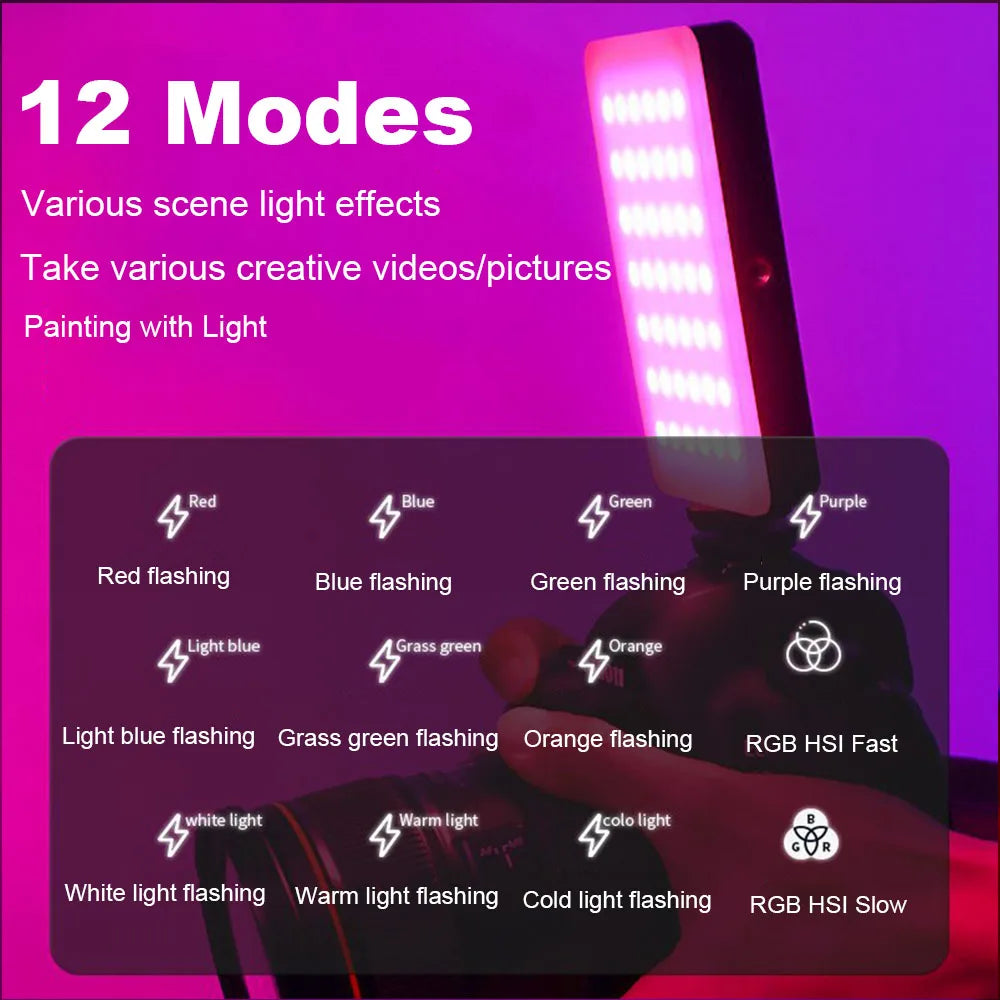 Luz de Video LED RGB, Luz de Relleno para Teléfono, Lámparas Portátiles Recargables de 2000 mAh, 3 Modos Ajustables, 2700-6500 K, Luz para Selfies de Smartphone