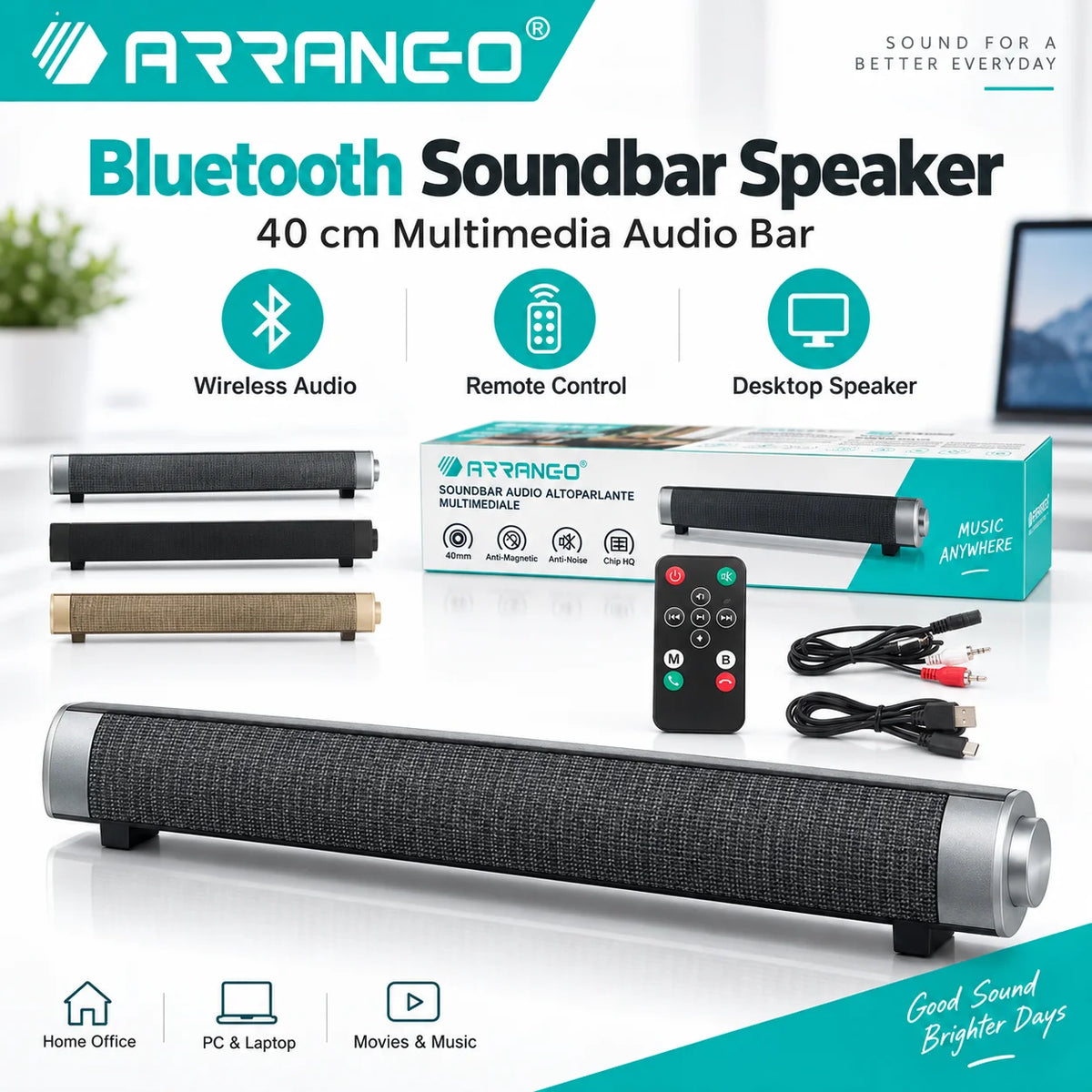 Barra de sonido multimedia Bluetooth de 40 cm, modelo ARRANGO AC76261, altavoz inalámbrico para escritorio con control remoto, altavoz de 40 mm, resistente a campos magnéticos y al ruido.
