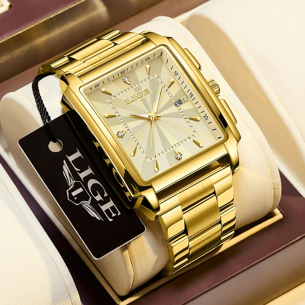 Reloj de pulsera LIGE de lujo para hombre, resistente al agua, luminoso, con fecha, de acero inoxidable, reloj cuadrado deportivo para hombre, reloj de cuarzo casual