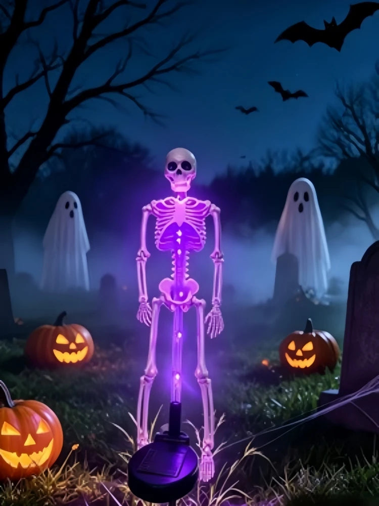 1 pieza de luces solares de esqueleto para jardín, luces LED impermeables para exteriores de color morado y naranja, luces con estaca para patio, camino, fiesta y decoración de terror