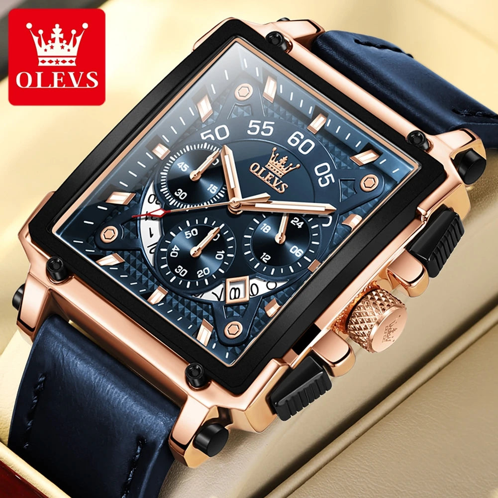 Reloj de cuarzo cuadrado para hombre OLEVS, reloj de negocios multifuncional, resistente al agua, luminoso, con correa de piel, caja de regalo 9919