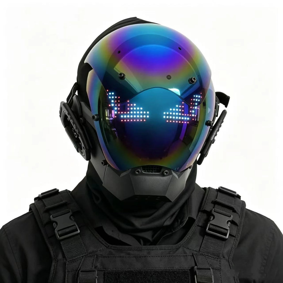 Máscara de casco LED de estilo cyberpunk con pantalla integrada, controlable mediante aplicación, diseño tecnológico de cobertura total para Halloween, fiestas de disfraces, festivales de música.