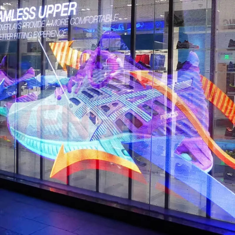 Pantalla LED de película flexible transparente para publicidad digital en interiores, personalizable para cristales de ventanas, modelos P6, P8 y P10