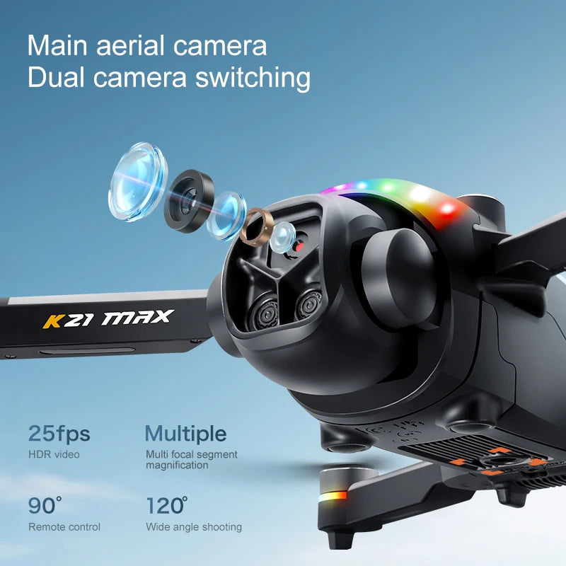 Dron plegable ZNLYRION K21MAX sin escobillas con mando a distancia con pantalla, EIS, doble cámara eléctrica, flujo óptico, luces LED de colores y RC Quadcopter
