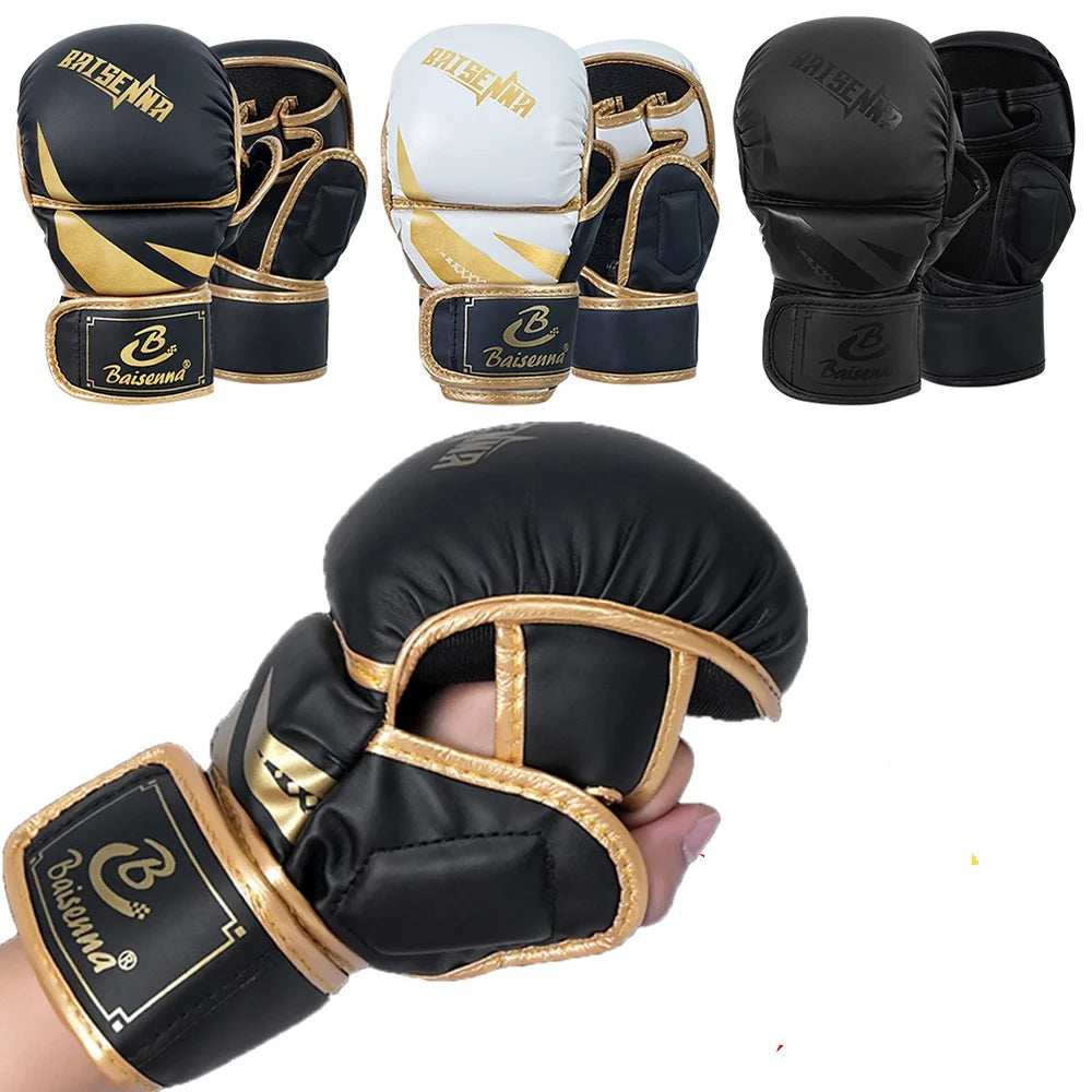 Guantes de boxeo profesionales MMA, saco de arena de medio dedo, guantes de entrenamiento Karate Muay Thai, equipo de boxeo grueso de PU para adultos y niños