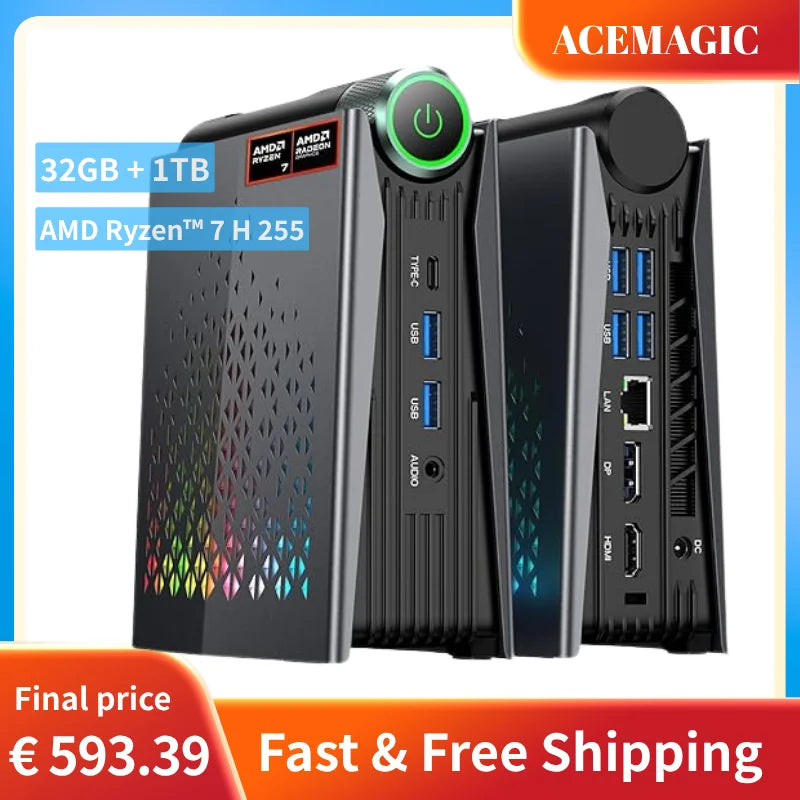 Mini PC ACEMAGIC AMD Ryzen 7 H225 Gaming PC 32GB LPDDR5 1TB SSD Windows 11 Pro Triple pantalla 4K Computadora de escritorio pequeña WiFi 6