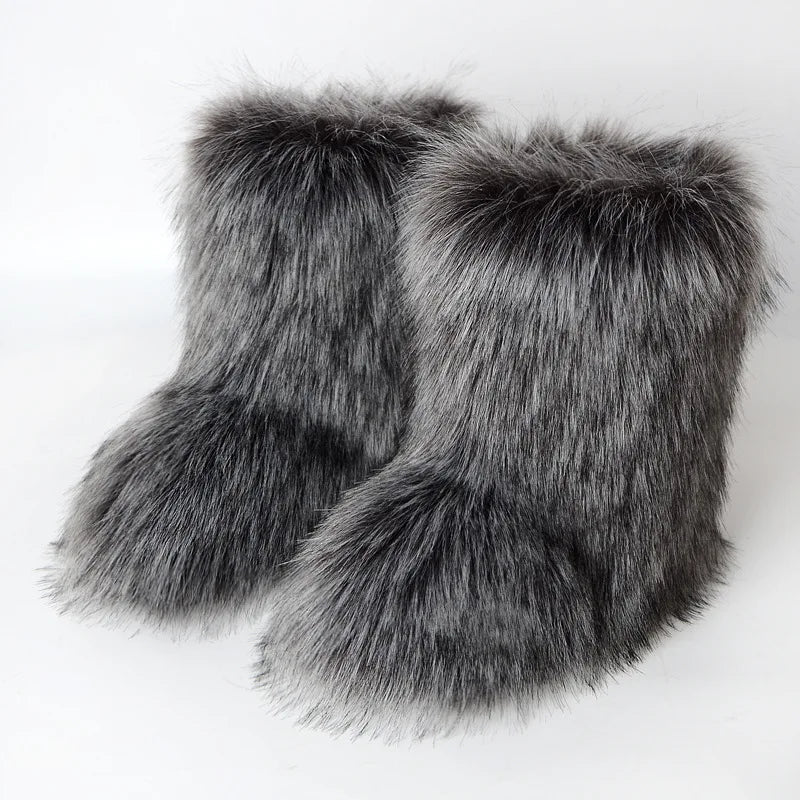 Botas de piel para mujer, botas de nieve de piel sintética peludas y esponjosas de lujo para invierno, botines de plataforma impermeables con cordones, botas de esquí rosas 2024