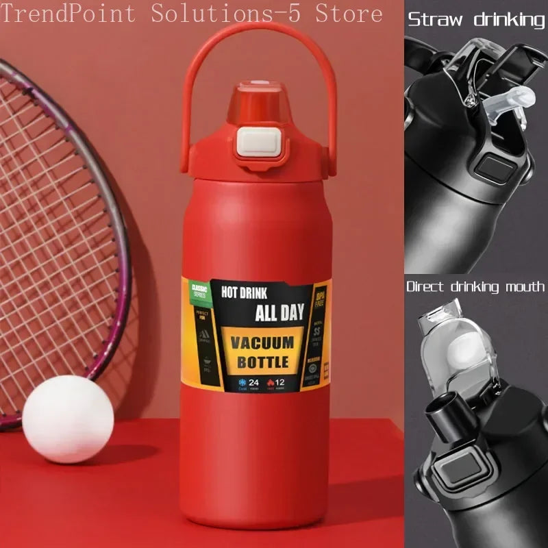 Botella térmica de acero inoxidable de gran capacidad, 1,2 litros, con aislamiento, doble tapa, pajita integrada, ideal para el gimnasio y para llevar agua.