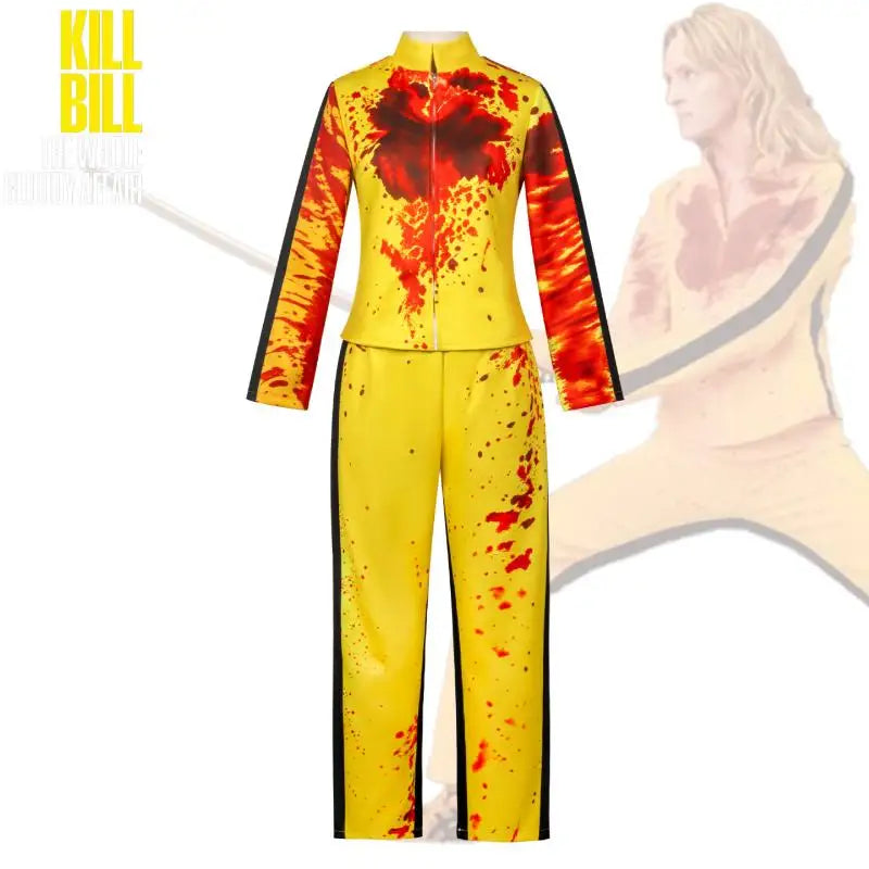 Disfraz de Cosplay de la Película Kill Bill para Adultos, Chándal con Estampado de Manchas de Sangre Amarillas, Chaqueta con Cremallera y Pantalones, Disfraz de Personaje para Fiesta de Halloween