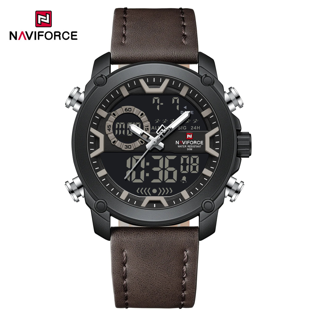 NAVIFORCE Sport Watches for Men Strong Luminous Dual Display Waterproof Genuine Leather Quartz Wristwatch Relogio Masculino