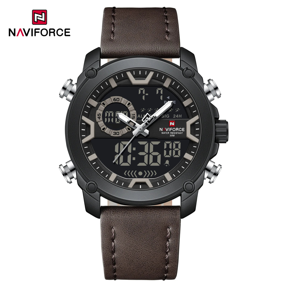 NAVIFORCE Sport Watches for Men Strong Luminous Dual Display Waterproof Genuine Leather Quartz Wristwatch Relogio Masculino