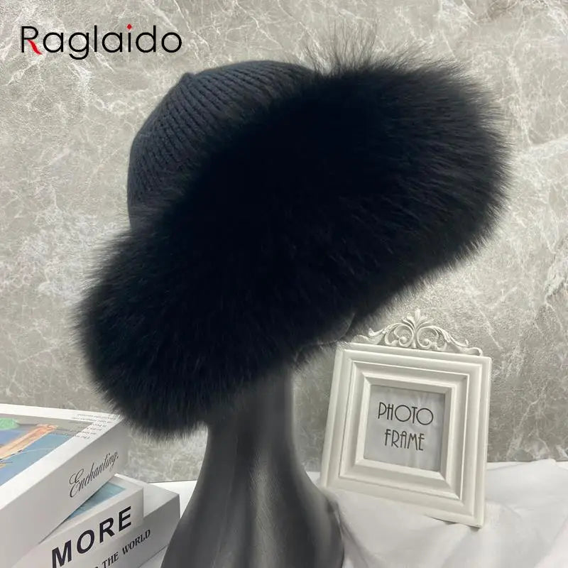 Nuevos y elegantes gorros para mujer, gorro de invierno cálido y esponjoso con hueso, gorro de piel de zorro Natural grueso y suave para exteriores, sombreros de cúpula para mujer