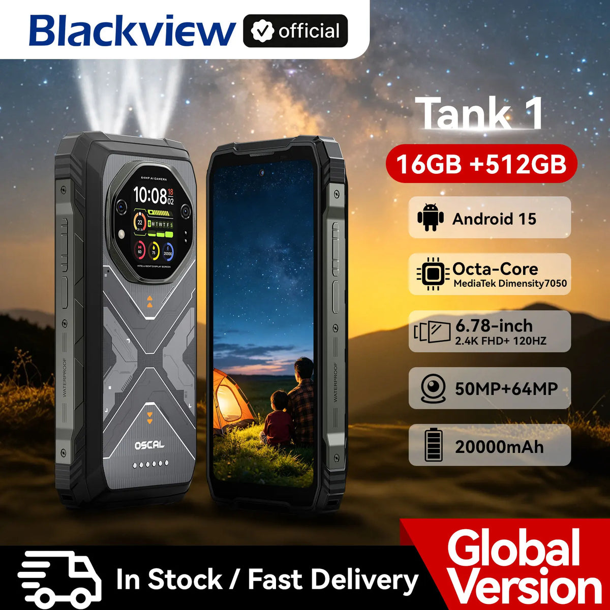 Smartphone ultrarresistente Blackview OSCAL TANK 1 5G, batería de 20000 mAh, pantalla FHD+ de 6,78" a 120 Hz, 16 GB + 512 GB, cámara de 64 MP + 50 MP, teléfono para exteriores
