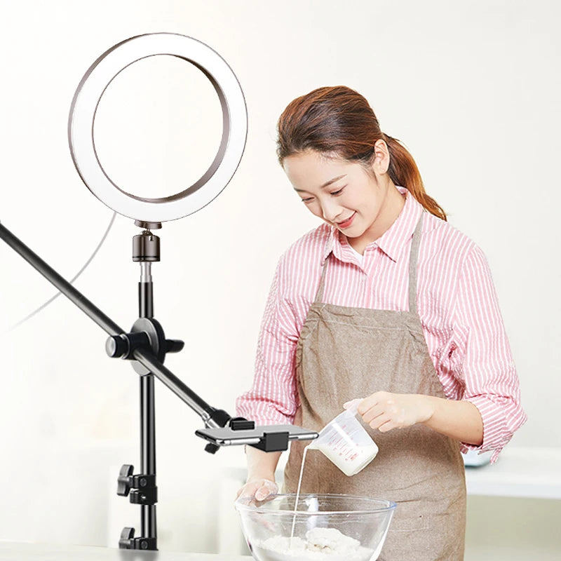 Aro de Luz LED de 26CM para Fotografía y Video, Iluminación Circular, Lámpara para Selfies, Teléfono, Cámara, Estudio Fotográfico, con Trípode y Soporte para Teléfono