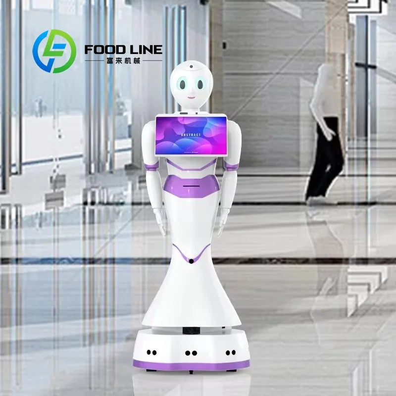 Robot humanoide blanco con pantalla frontal luminosa morada y base circular morada