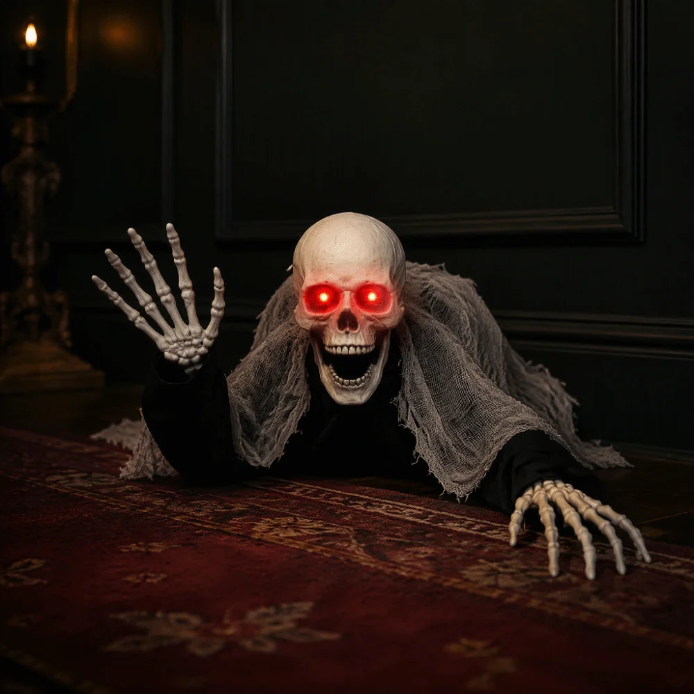 Fantasma de Halloween con Control por Voz, Ojos Rojos Brillantes, Movimiento Automático de Ambas Manos, Cabeza de Zombi Sangrienta que se Balancea en el Patio