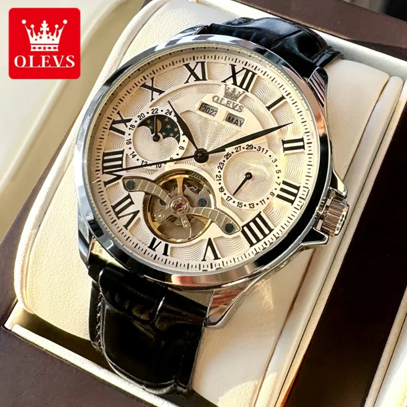 Reloj mecánico de negocios OLEVS 7013 con esfera redonda y correa de acero inoxidable