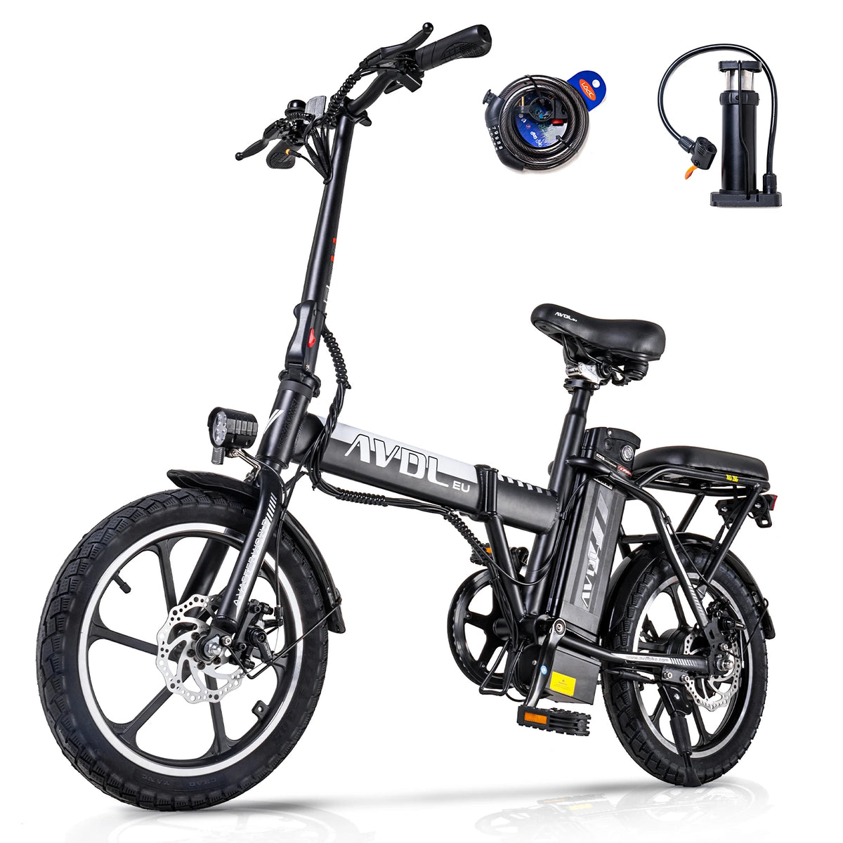 Bicicleta eléctrica AVDLEU de 16 pulgadas, equipada con una batería de 36V 11.4Ah y un motor de 250W. Alcanza velocidades de hasta 25 km/h con una autonomía de 35–50 km.