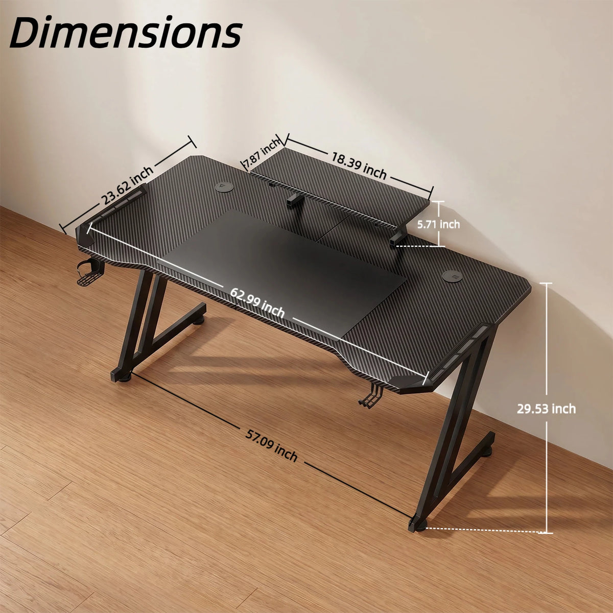 Escritorio para gaming con medidas, tablero negro ranurado y patas metálicas