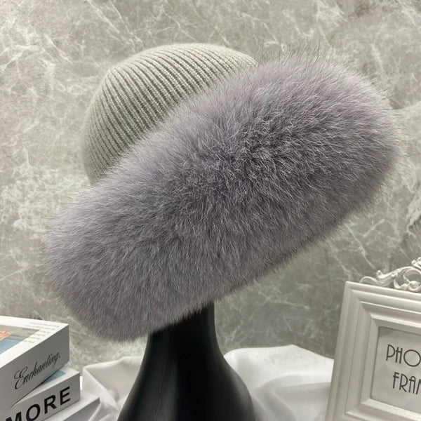 Gorros de piel de zorro peludos y cálidos para exteriores para mujer, piel esponjosa Natural elástica, gran oferta, sombrero de piel auténtica elegante a la moda