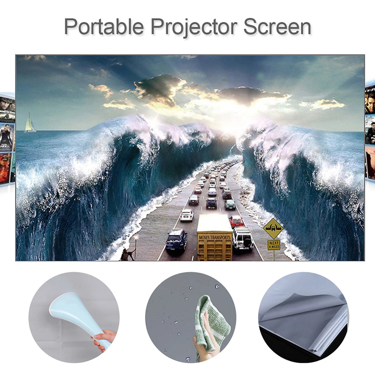 Pantalla de proyector portátil con superficie de proyección para imágenes a todo color.