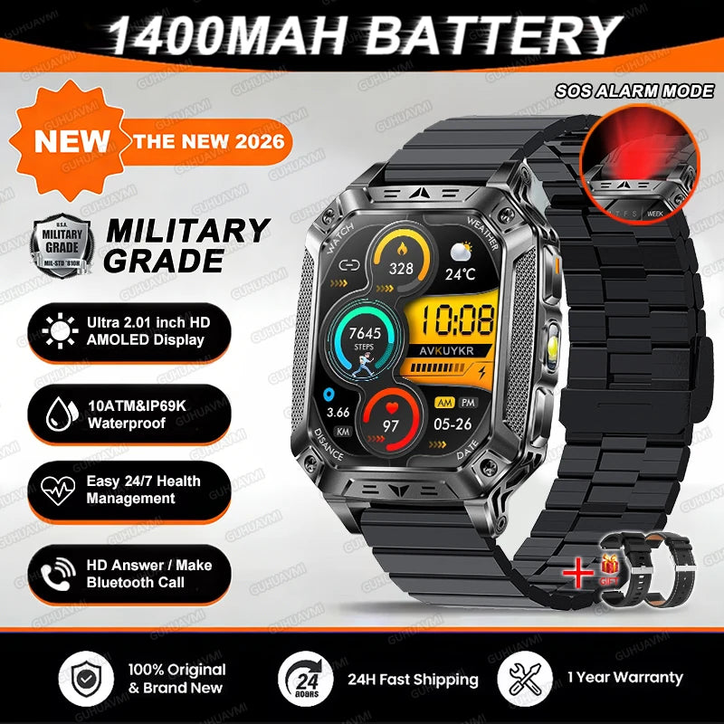 Reloj inteligente militar 2026 TANK, nuevo, 1400 mAh, GPS, pantalla AMOLED de 2.01", resistente al agua 10ATM, reloj, llamada SOS, linterna, para hombre, compatible con iOS