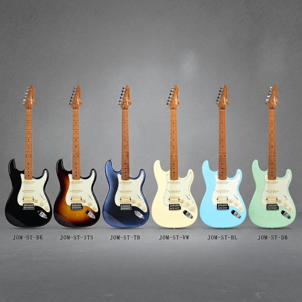 Guitarra eléctrica de estilo rock ST PRO 22, con trastes, pastillas Alnico 5 HSS, mástil de arce, cuerpo con acabado brillante, herrajes cromados, 6 cuerdas, ideal para guitarristas de rock.