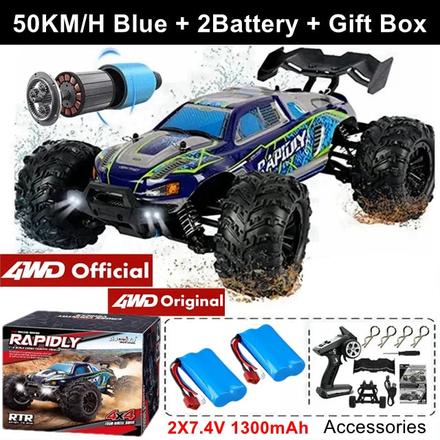 Camión RC 4x4 todoterreno azul con llantas negras y espuma, 2 baterías.