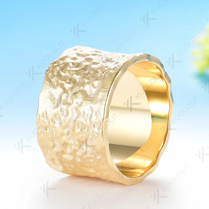 Anillo Personalizado Kuololit de 15 mm de Ancho, Martillado, para Hombre y Mujer, Oro Amarillo Sólido de 10K, Hecho a Mano, para Aniversario, Regalos de Navidad, Fiestas