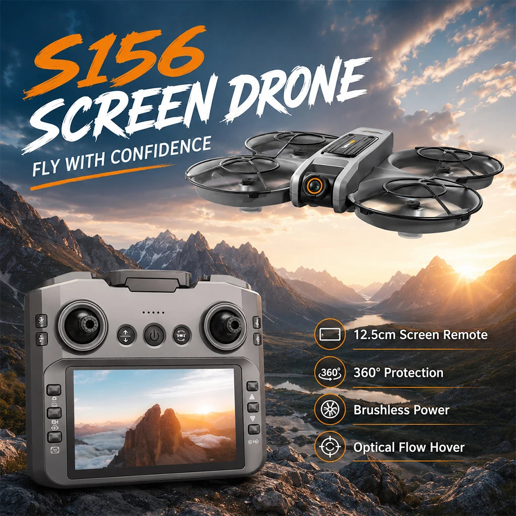 Drone RC negro y gris con cuatro hélices y controlador con pantalla remota.