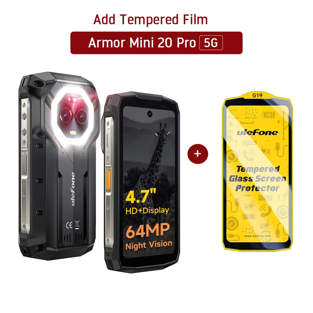 Ulefone Armor Mini 20 Pro Teléfono resistente de 4,7" Smartphone 5G Android 14 6200mAh 16GB(8+8) 256GB 64MP Visión nocturna Carga rápida de 33W