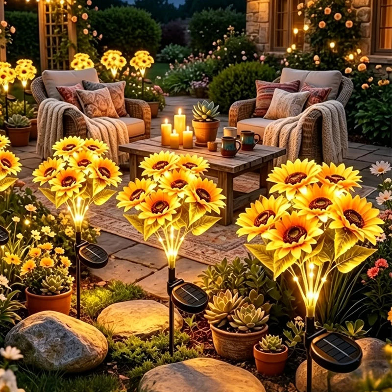 Solar 6-Head Sunflower LED Lights Waterproof Outdoor Artificial Flower Stake Lights for Garden Flowerbed Yard Patio Decoration