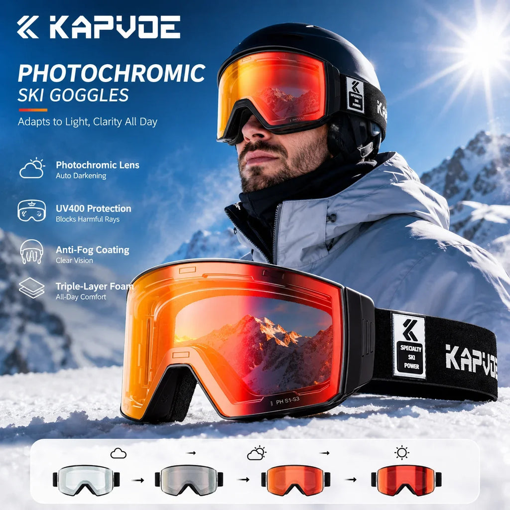 Gafas de esquí Kapvoe UV400 fotocromáticas, con lentes magnéticas antivaho, protección y diseño moderno, para hombres y mujeres, gafas de esquí deportivas.