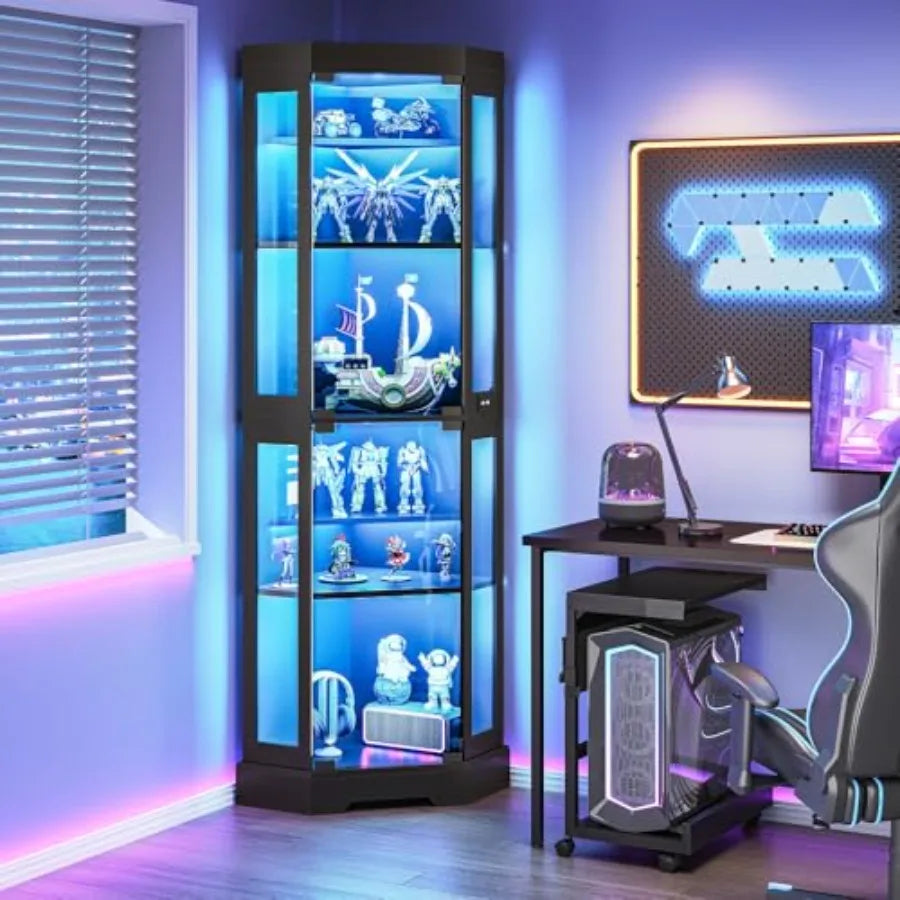 Vitrina esquinera negra con estantes de vidrio templado iluminados con LED azul.