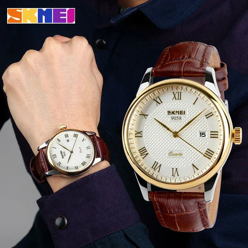 Reloj de cuarzo para hombre Skmei, resistente al agua 3Bar, reloj de pulsera para hombre, marca superior de lujo con correa de cuero 9058